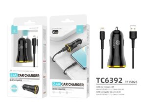 Carregador De Carro Com Cabo Para Ip 6/7/8 / X / Xs 2.4A 1M 2Usb Preto/Dourado