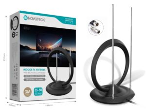 Antena de TV Interna Novoteck L-018 – Alcance de 35-50 Milhas, VHF/UHF, Rotação de 180°, Cabo de 3m, Design Anel Duplo, Conector IEC Masculino