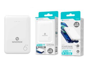 Power Bank NOVOTECK PB-001 de Alta Capacidade - 6000mAh, Duplo USB, Carregamento Rápido 2.1A