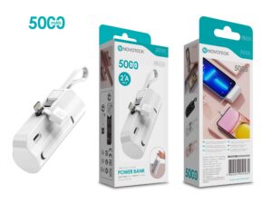 Power Bank 5000mAh PB-010 Branco - Design Compacto com Suporte e Cabo Integrado