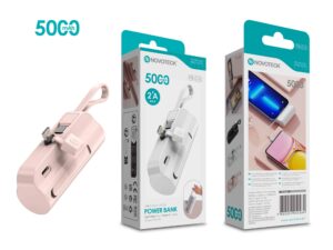 Power Bank 5000mAh PB-010 Rosa - Design Compacto com Suporte e Cabo Integrado