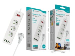 Extenção 2m com 3 tomads 3 usb 1 type-c PD-002 16A