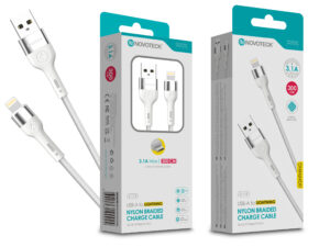 Cabo de Dados Trançado Nylon 3.1A Carregamento Rápido - Branco , Lightning USB , 3.0M